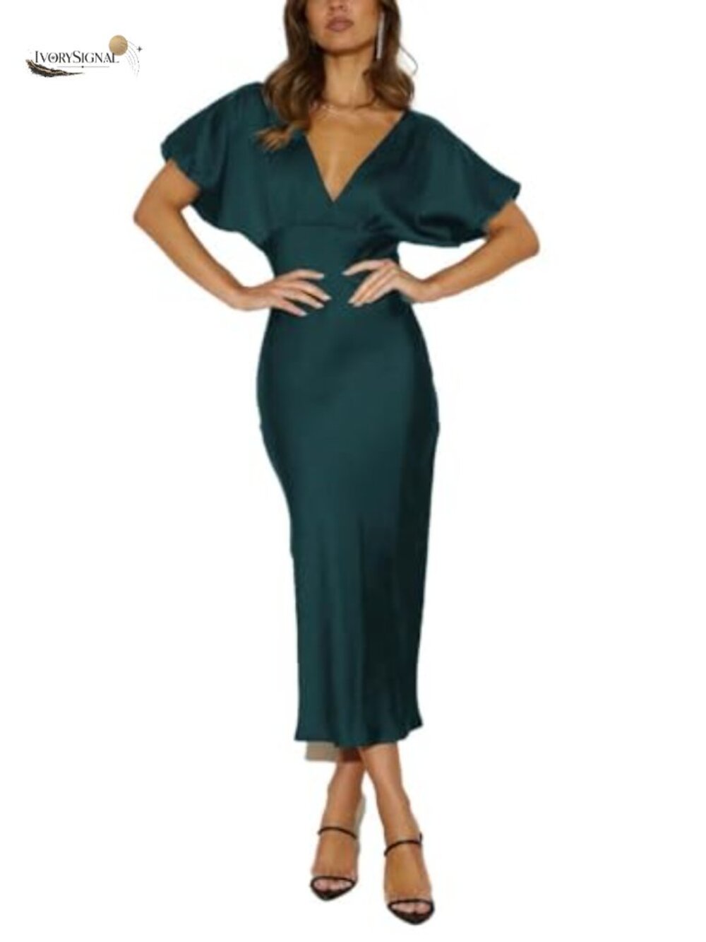 Satin V-Neck Puffy Sleeve Midi Dress Formal Wedding Guest